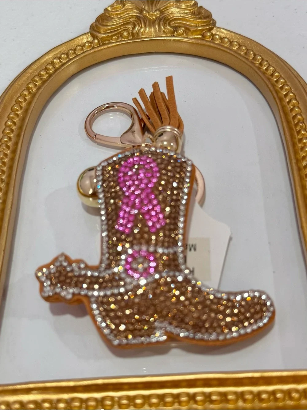 New Rhinestone Cowgirl Boot Keychain with Pink Cancer Ribbon